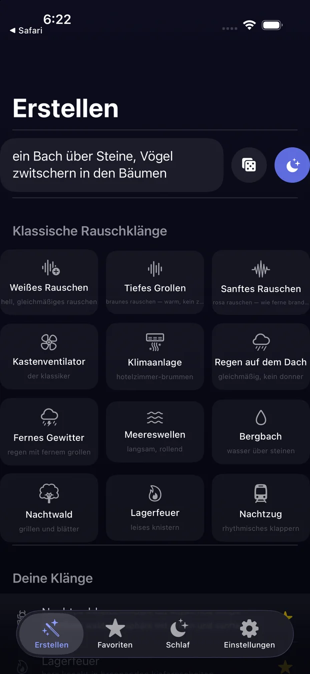 Der Bildschirm Erstellen: eine getippte Beschreibung eines Baches und von Vögeln, oberhalb der zwölf
              eingebauten Klassiker.