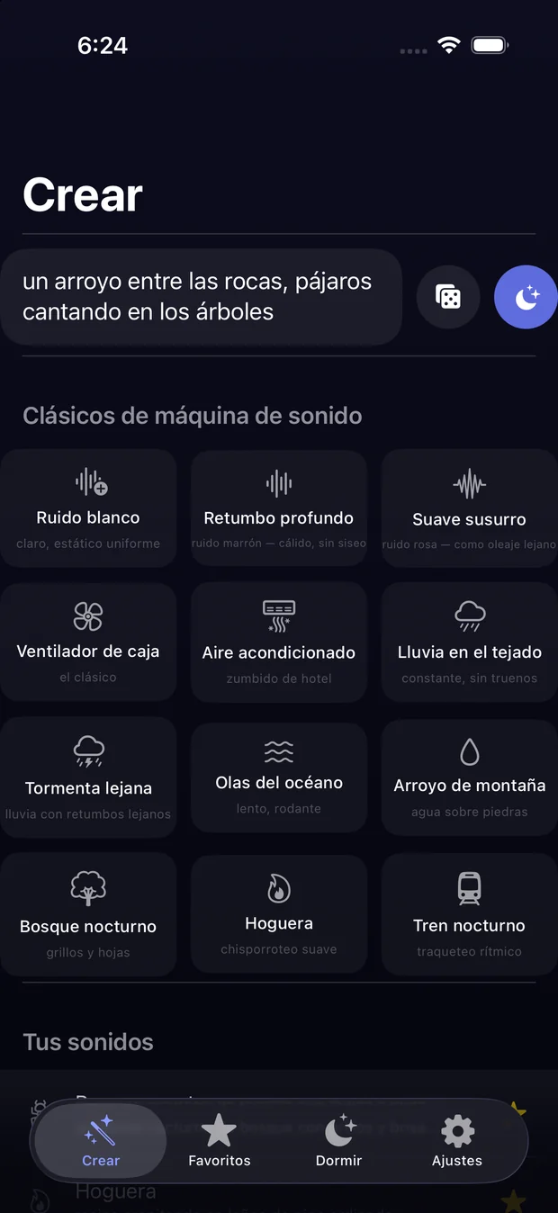La pantalla Crear: una descripción escrita de un arroyo y pájaros, encima de los doce
              clásicos integrados.
