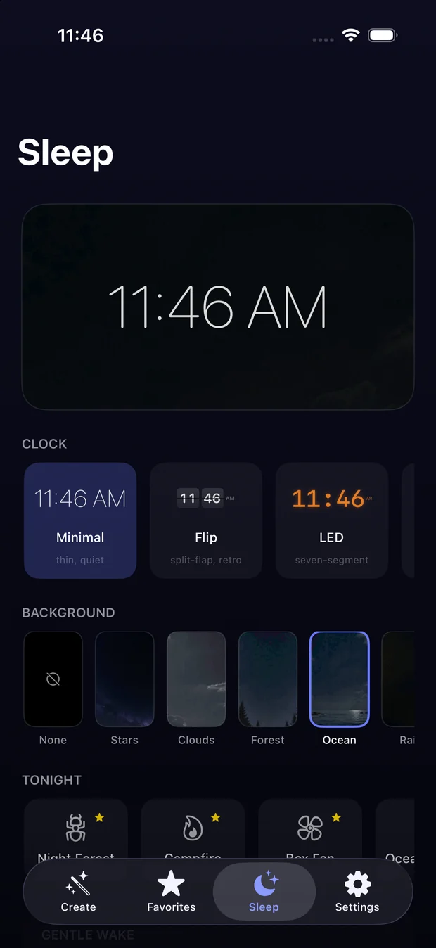The Sleep screen, with the sleep timer and gentle wake settings.